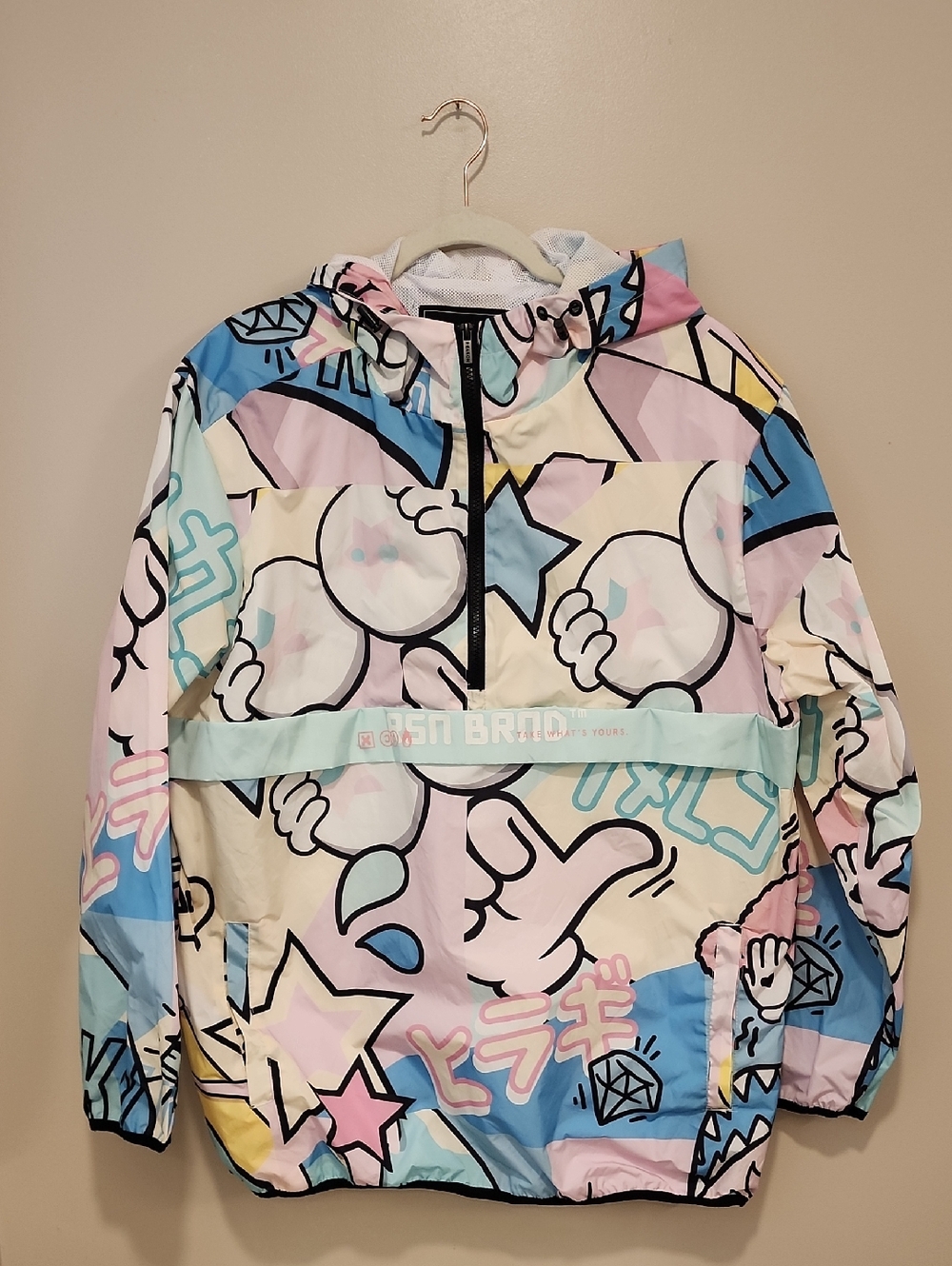 Reason NEO Pastel Graffiti Graphic Hoodie Windbreaker 1/4 Zip Pullover Anorak XL